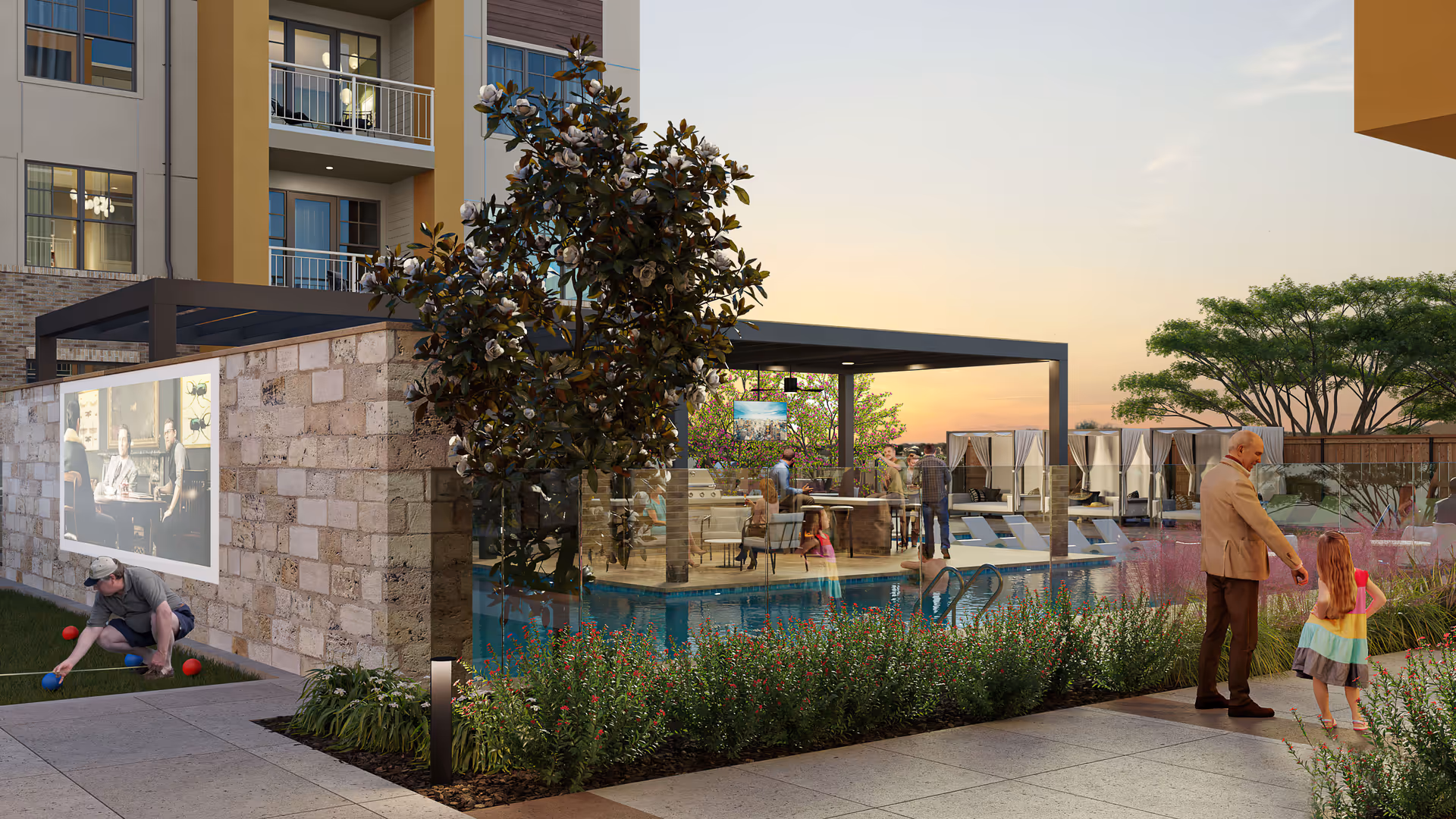 Outdoor area of The Jovie at Pflugerville featuring a swimming pool with lounge chairs and cabanas, a covered patio with people socializing around a bar and grill, a man playing bocce ball on a lawn, and an elderly man talking to a young girl near landscaped plants during sunset.