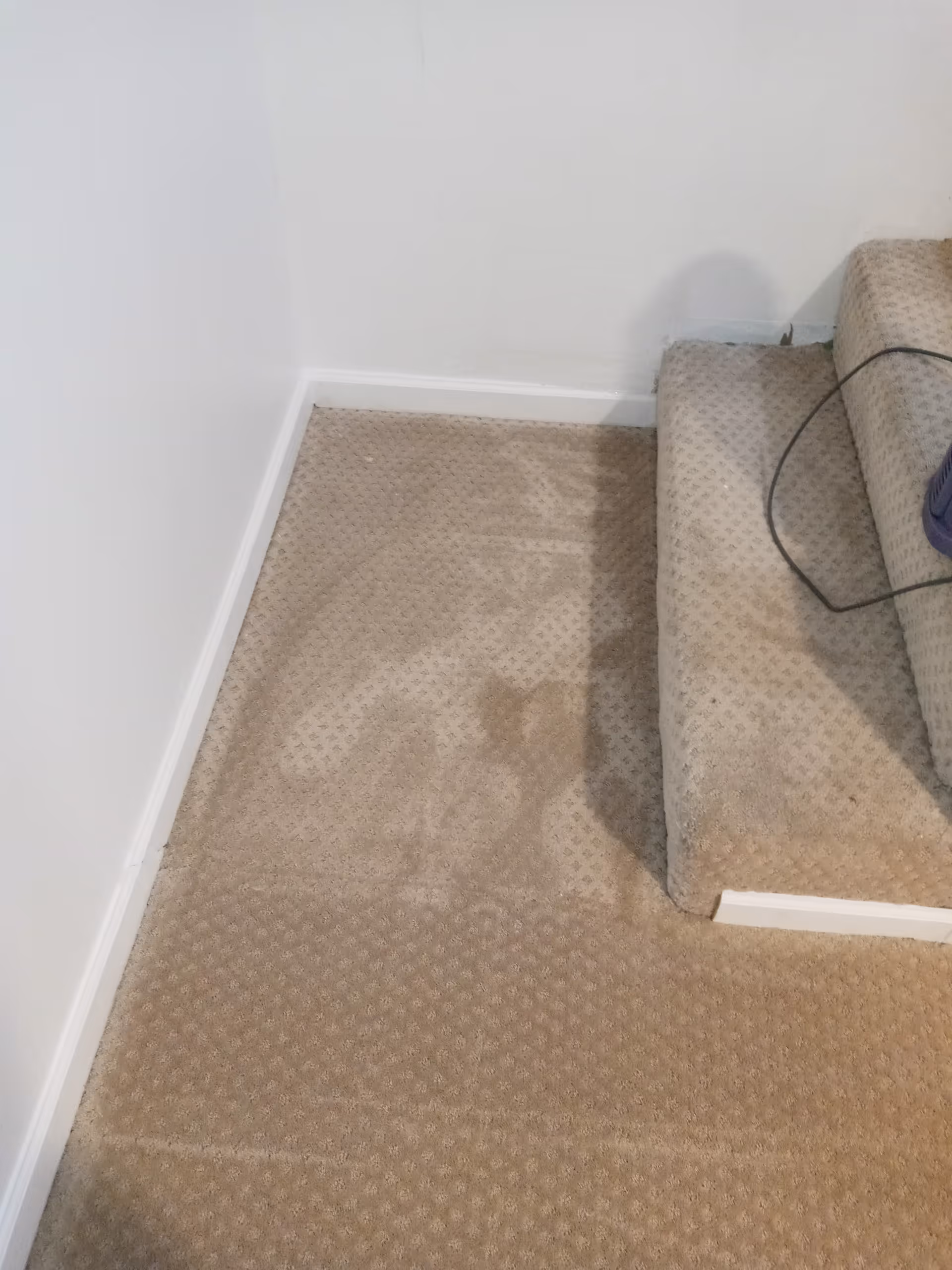 Interior stair landing in beige carpet, white walls, baseboard, and a coiled cord.
