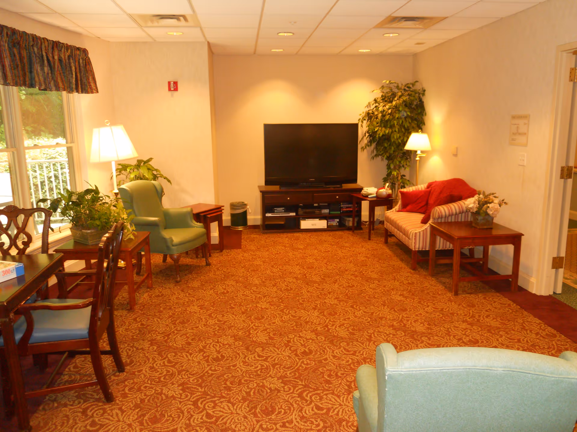 A carpeted common living room with armchairs, a striped loveseat, a TV on a console, side tables, lamps, and potted plants.