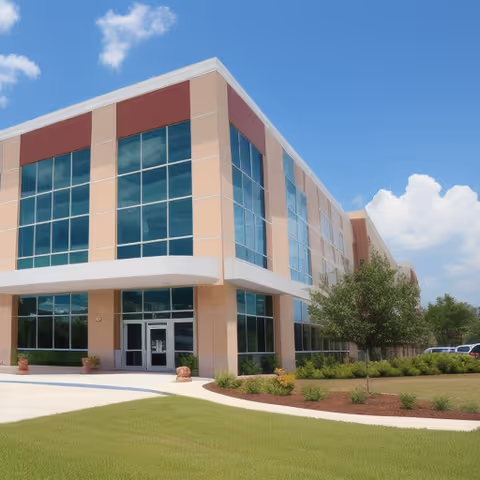 Modern TNHC senior living facility exterior with glass windows and landscaped entrance.