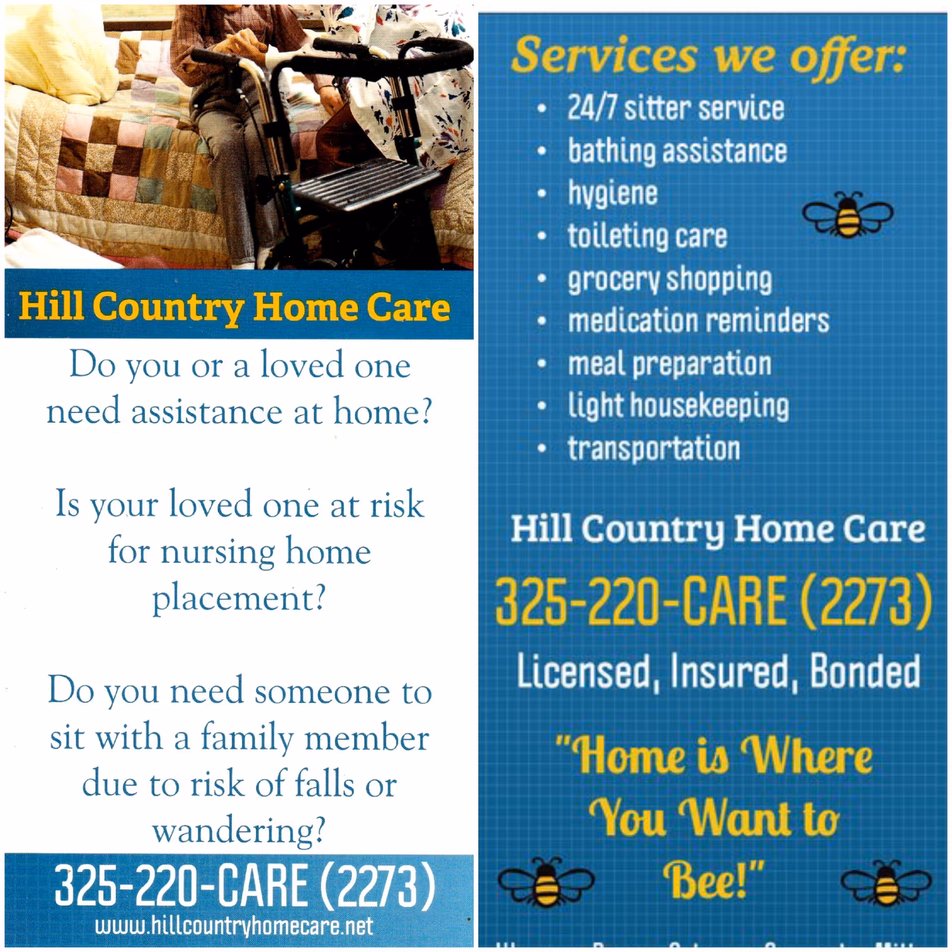 Split image: Hill Country Home Care ad with resident beside walker and services list.