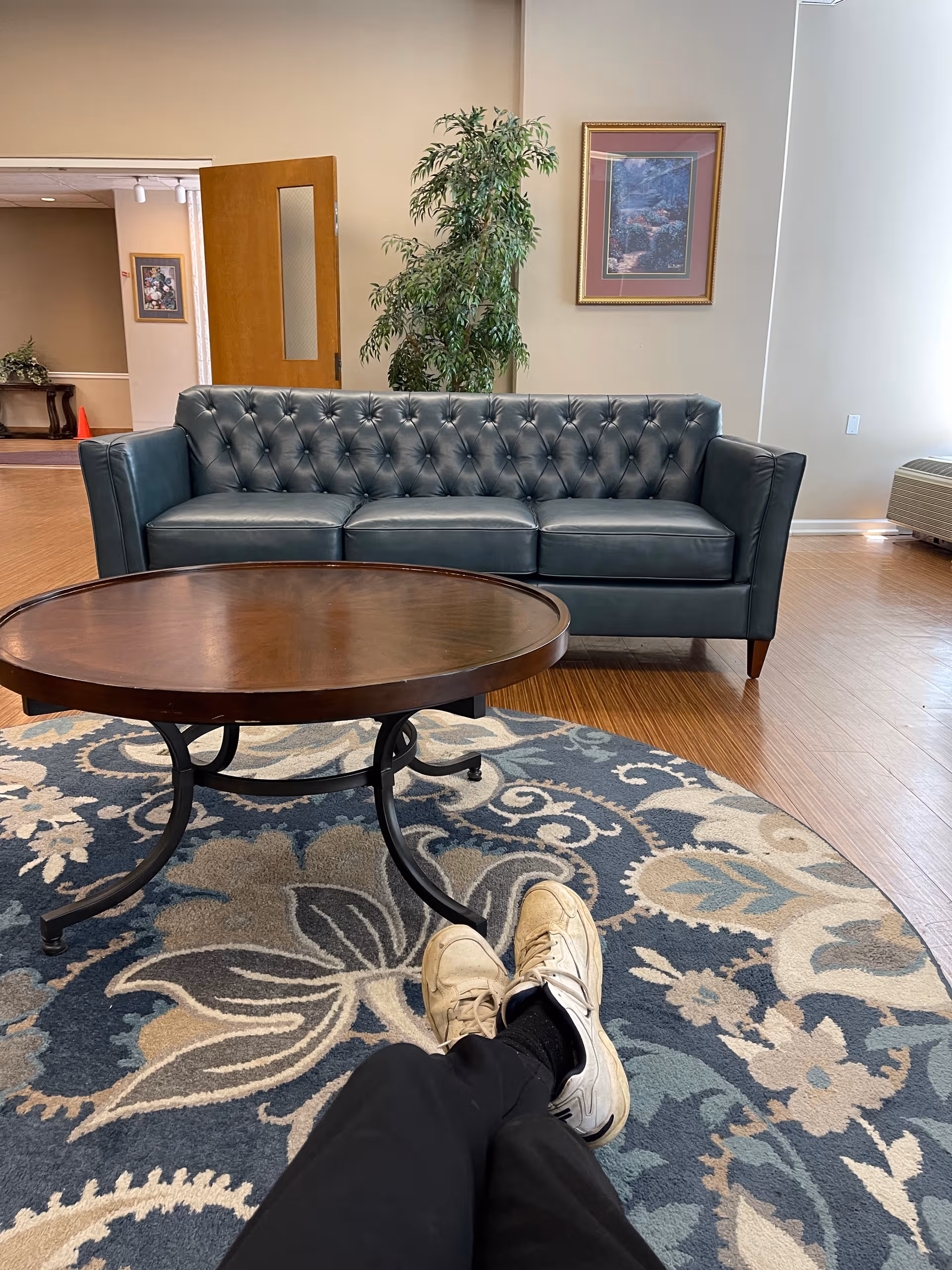 Lounge area in a senior facility with sofa, coffee table, rug, and plant.
