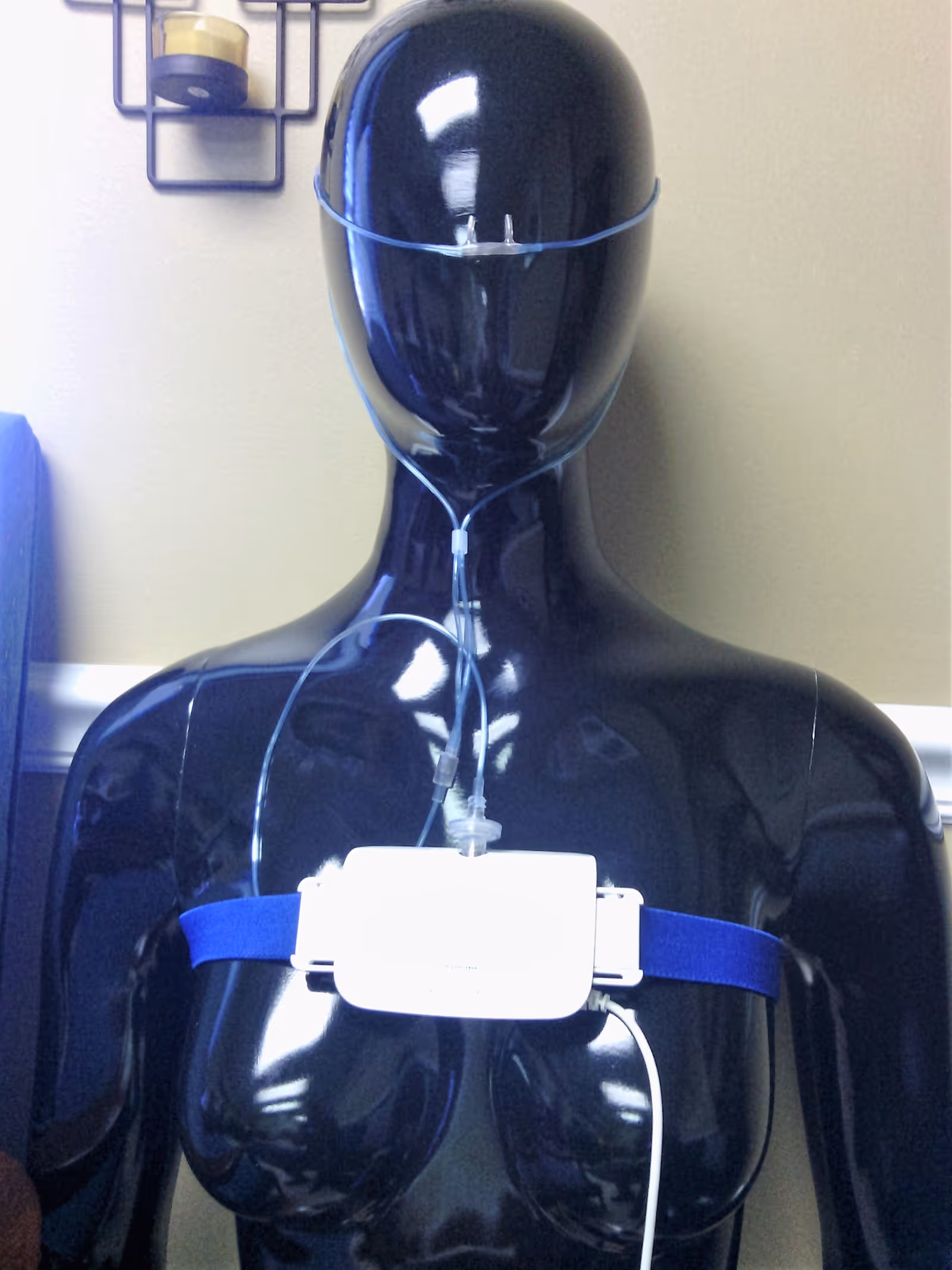 A glossy black mannequin torso wears a portable monitoring device strapped to the chest.