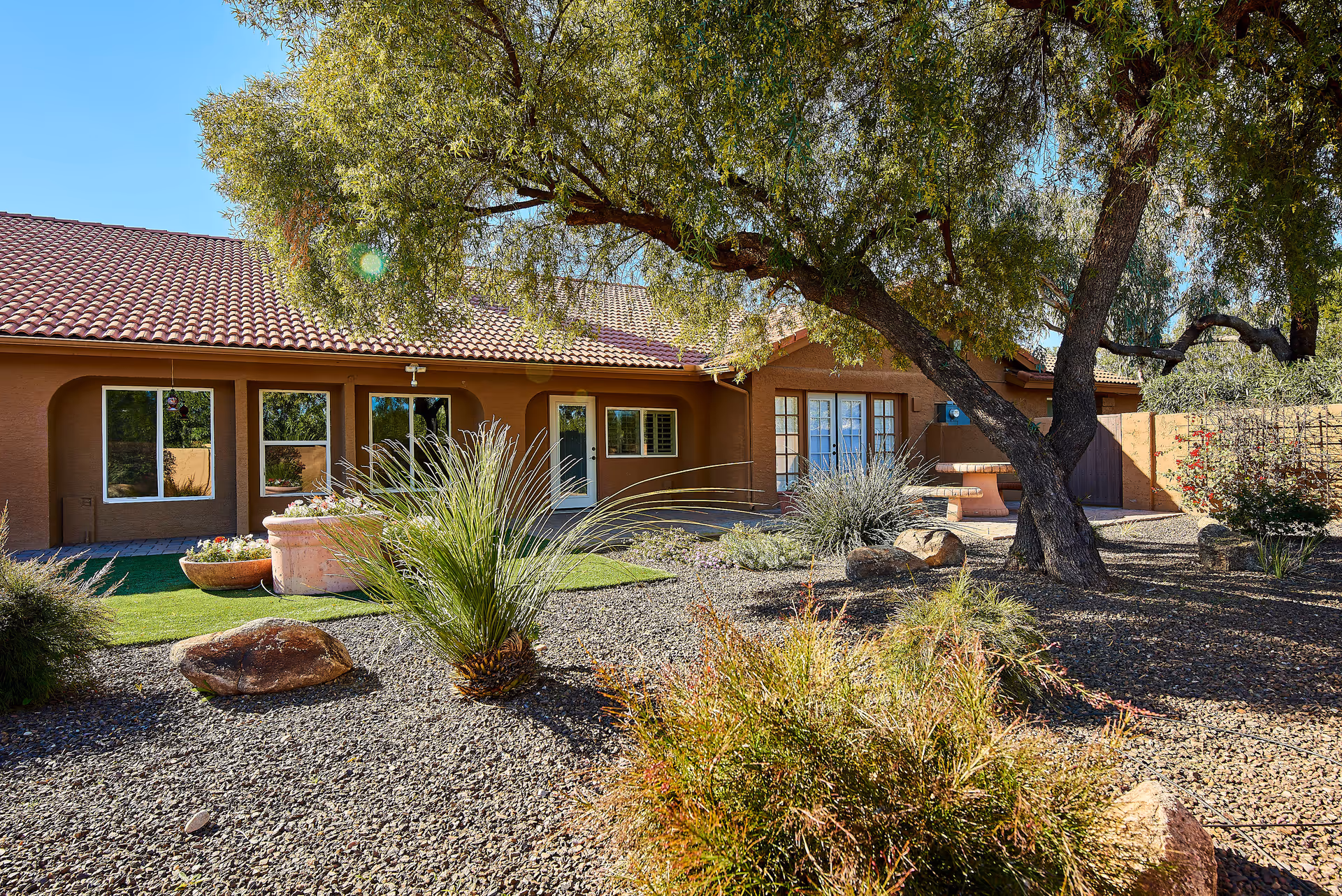 Front exterior of Paradise Living Centers Paradise Valley with desert landscaping and a large tree.