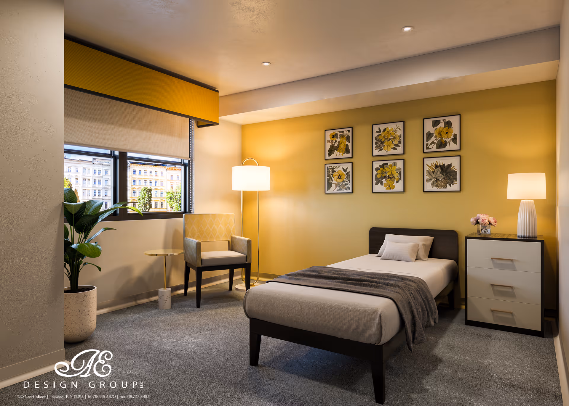 A cozy bedroom with a single bed covered with white bedding and a gray throw blanket. The room has a yellow accent wall decorated with six framed floral artworks. There is a bedside table with a lamp and a small vase of flowers, a cushioned armchair next to a small round side table, a tall floor lamp, and a large window with a yellow valance and a roller shade. A potted plant is placed near the window.