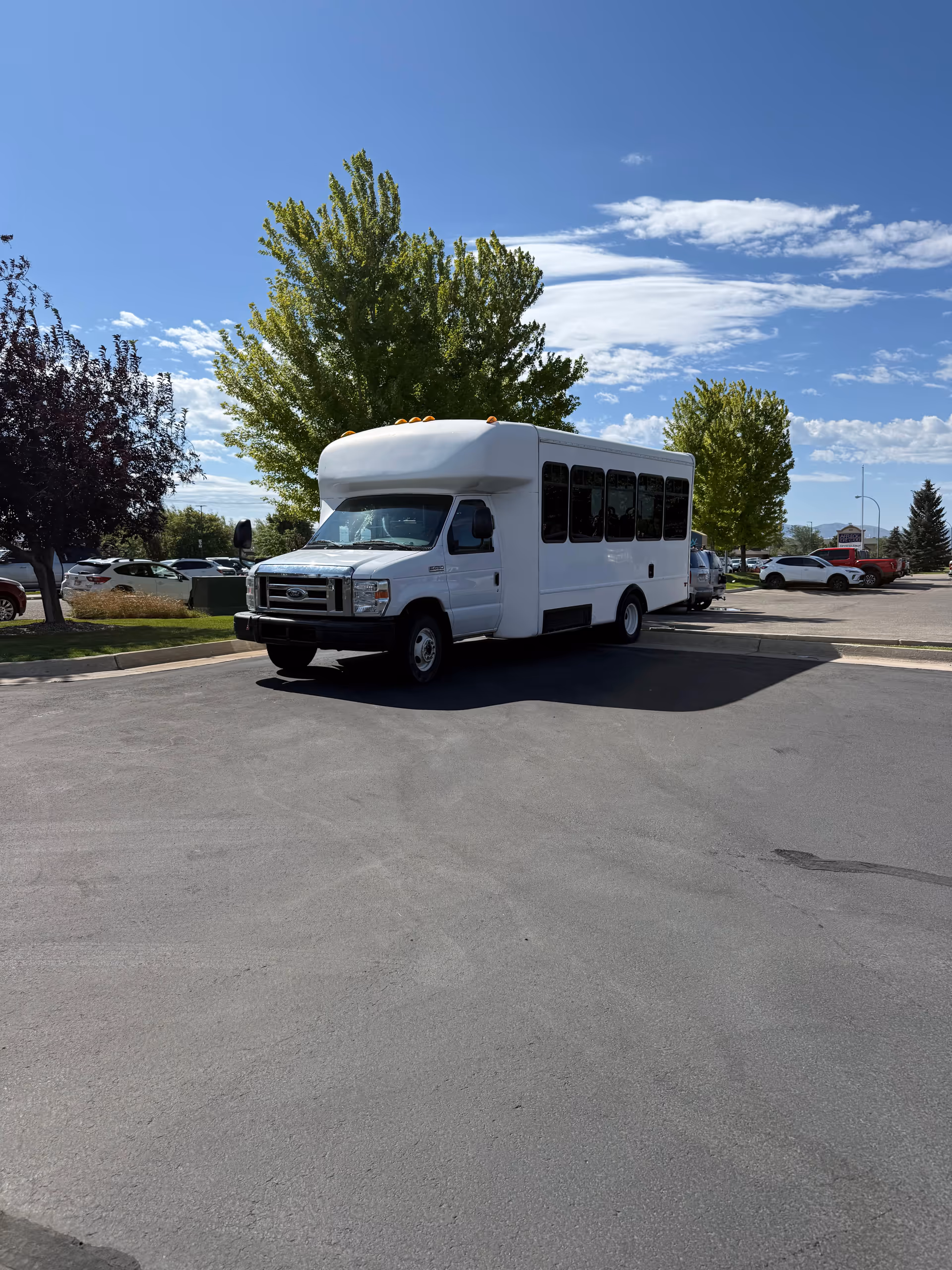 A white shuttle bus parked in a sunny lot with trees nearby.