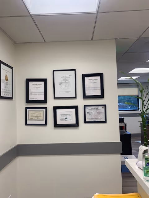 Interior hallway with framed certificates on the wall and a reception counter