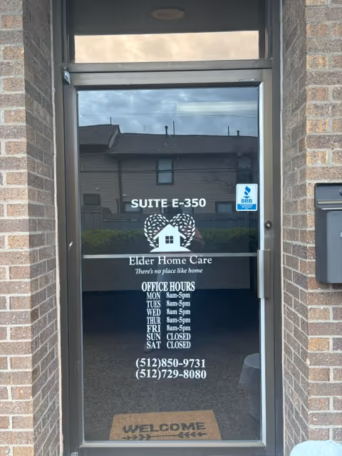 Glass entry door for Elder Home Care with Suite E-350 on brick exterior