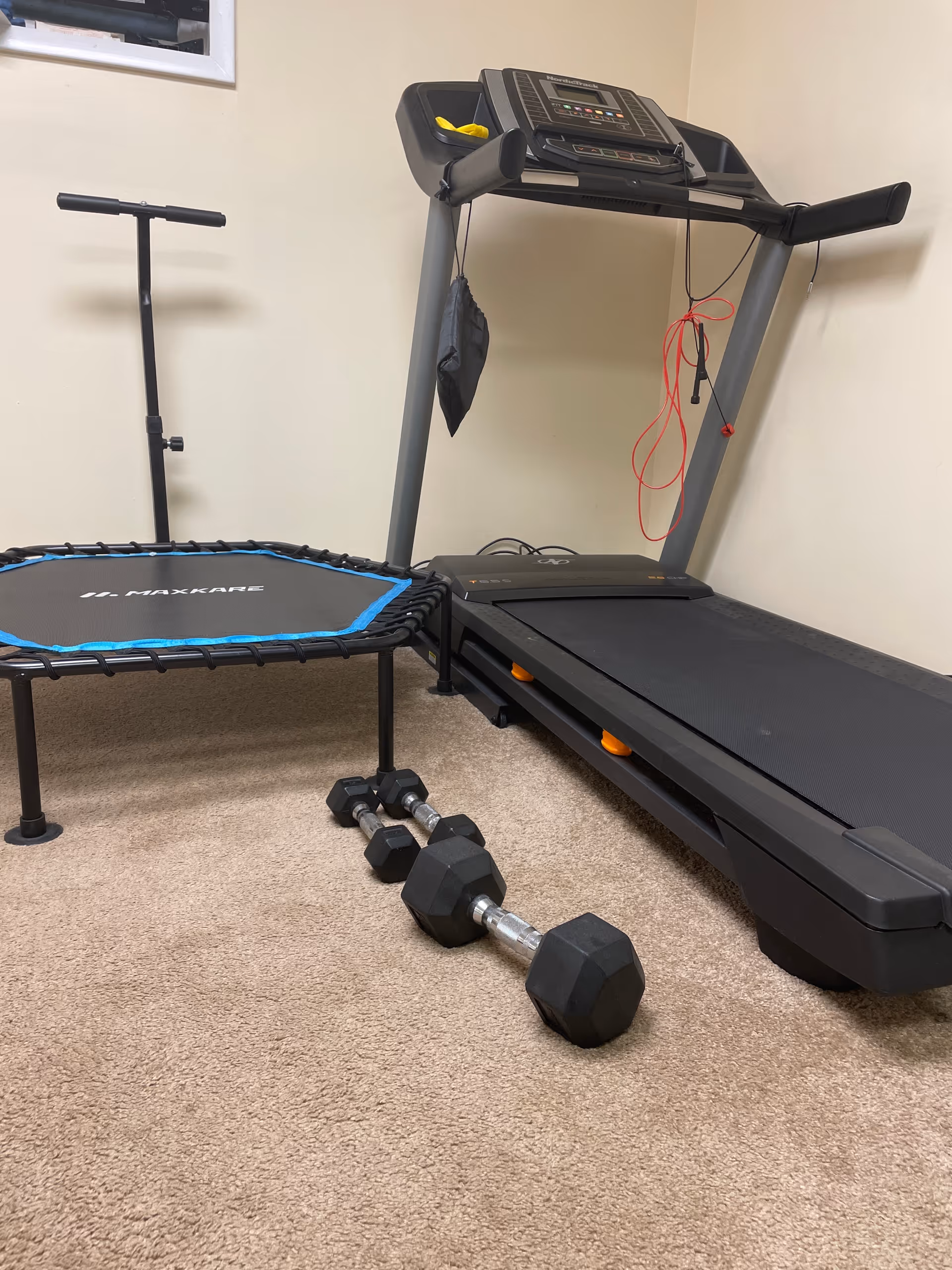 A small exercise room with a treadmill, a mini trampoline, and dumbbells on beige carpet.