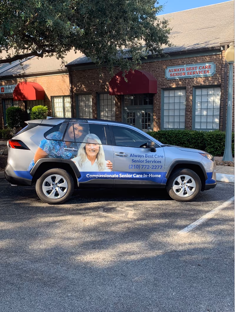 Exterior view of Always Best Care Senior Services facility with branded service van parked out front.