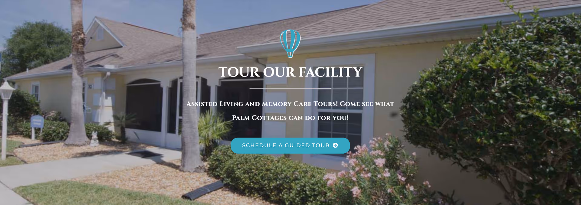 Single-story beige senior living facility exterior with palm trees and landscaped front yard.