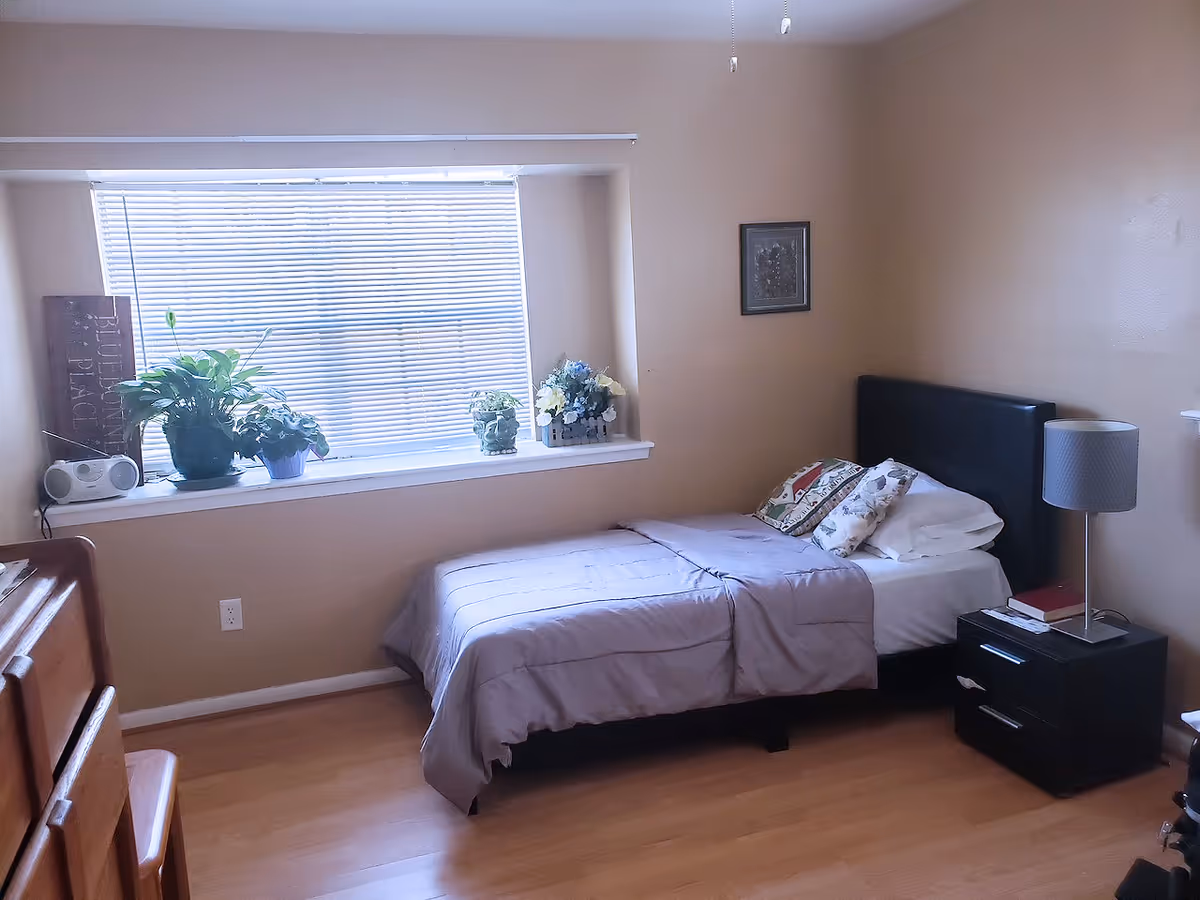 Cozy bedroom with a single bed, nightstand, window blinds, and potted plants.