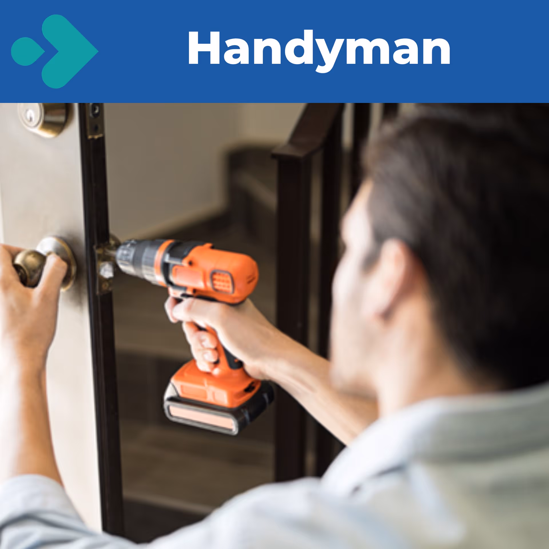 A handyman drills into a door frame inside a building using an orange cordless drill.