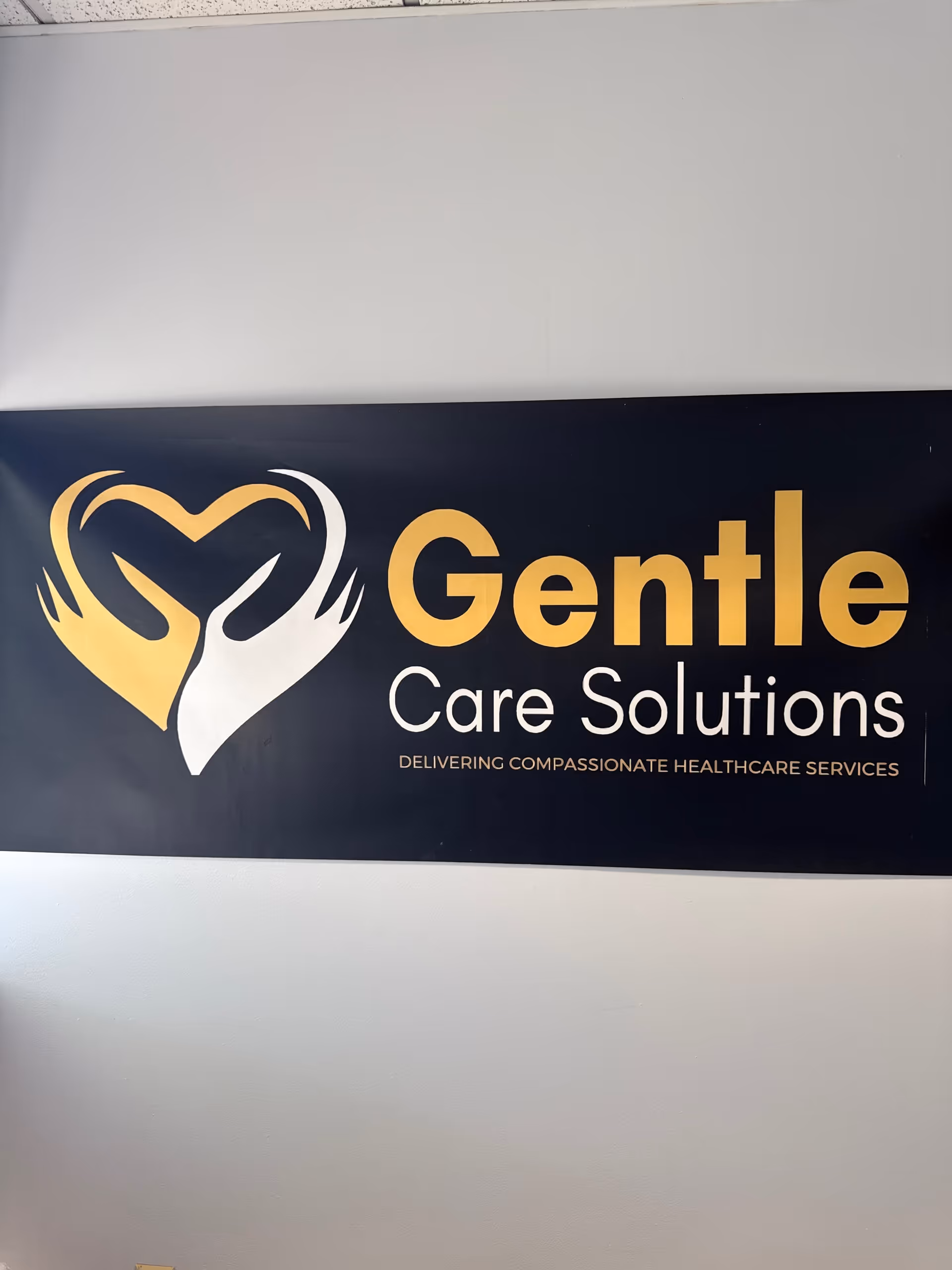 Indoor wall sign shows Gentle Care Solutions logo and large gold lettering.