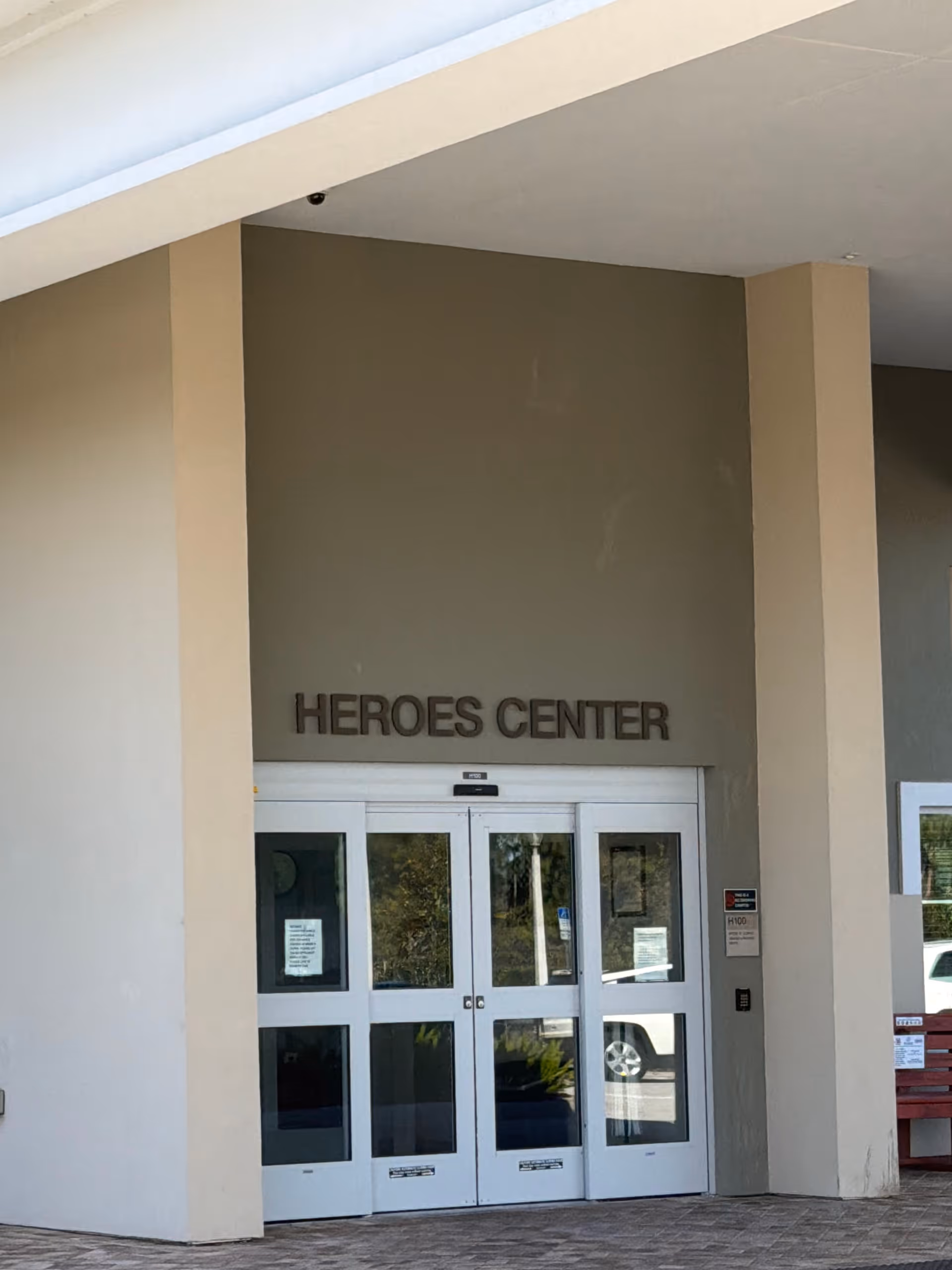 Exterior entrance to Heroes Center at Ardie R. Copas State Veterans' Nursing Home.
