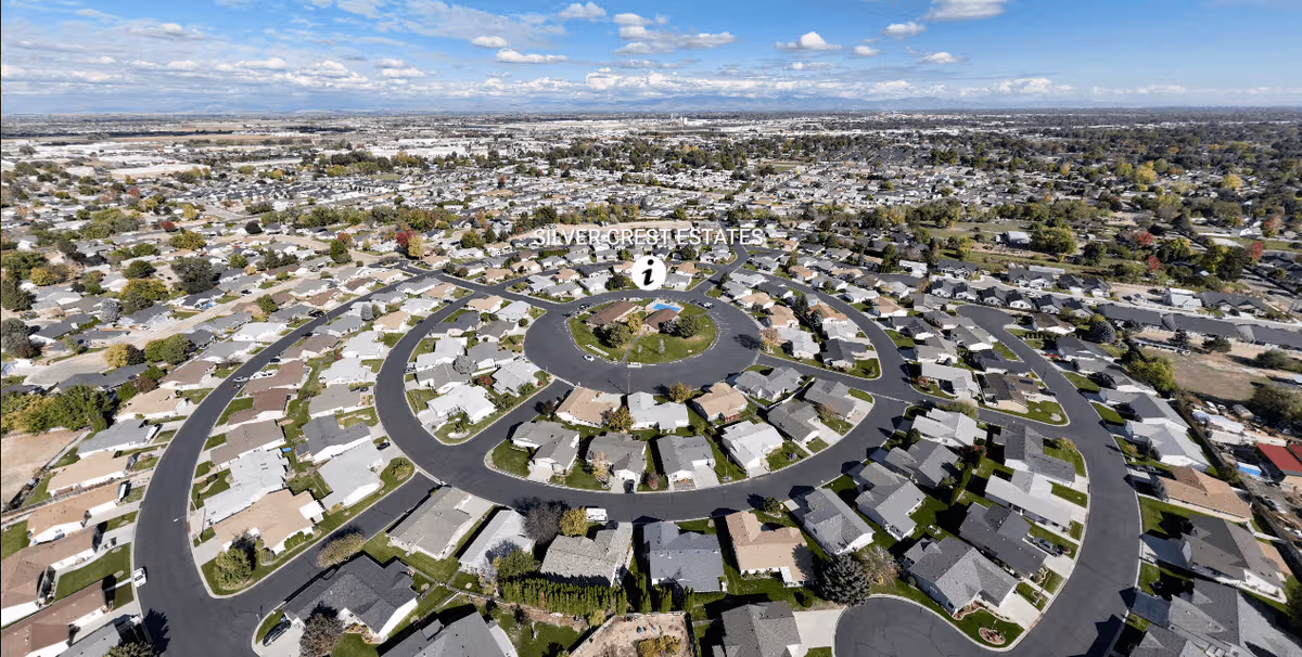 Aerial view of Silver Crest Estates II showing a circular neighborhood layout.