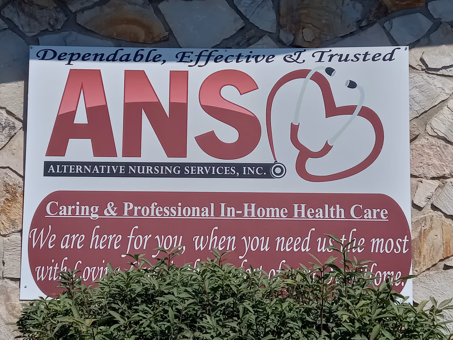 Sign on stone building reads 'Alternative Nursing Services, Inc.' with a large ANS logo.