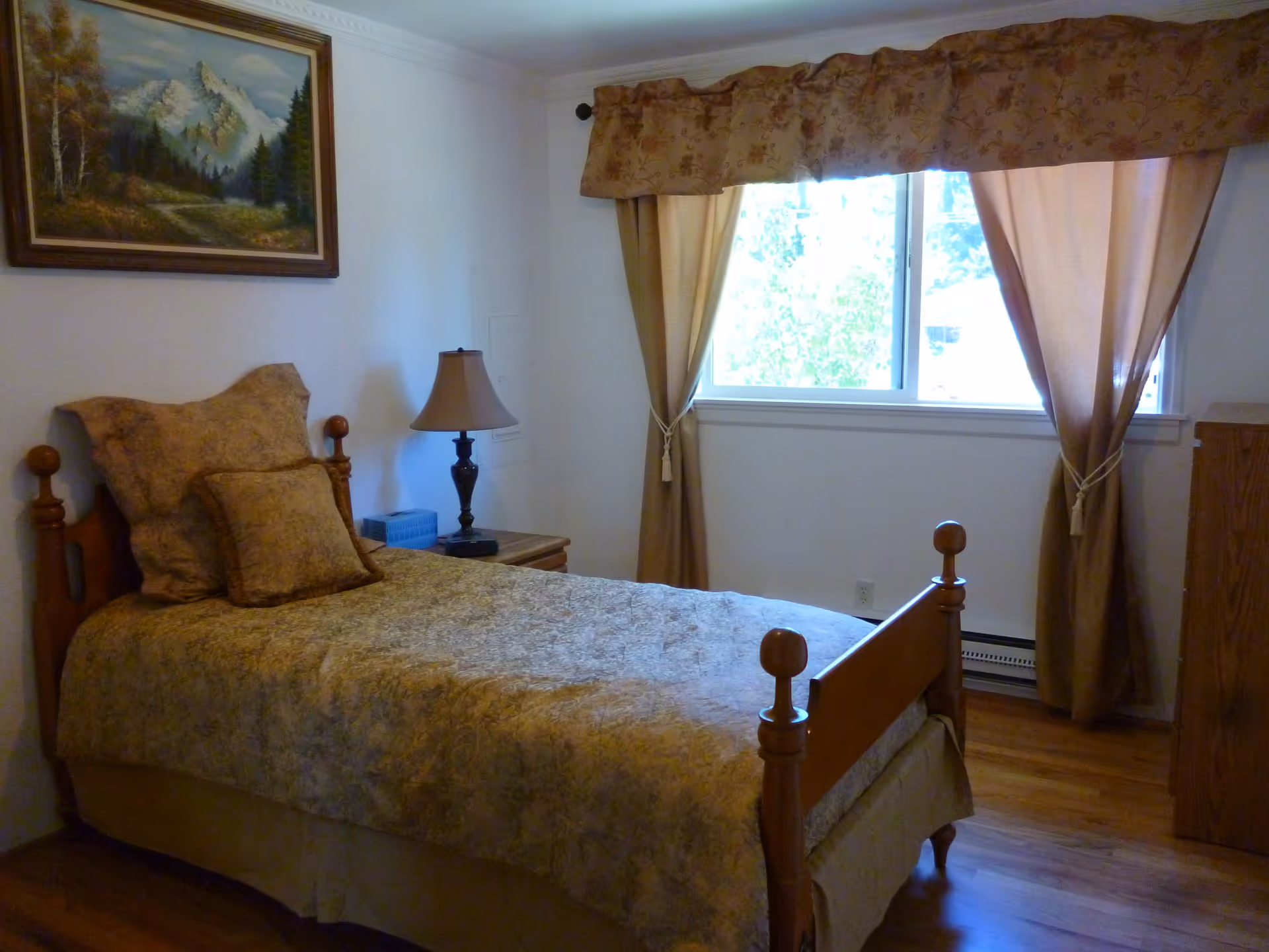Single bed in a tidy bedroom with a nightstand and lamp, a window with tied-back curtains, and a framed landscape painting on the wall.