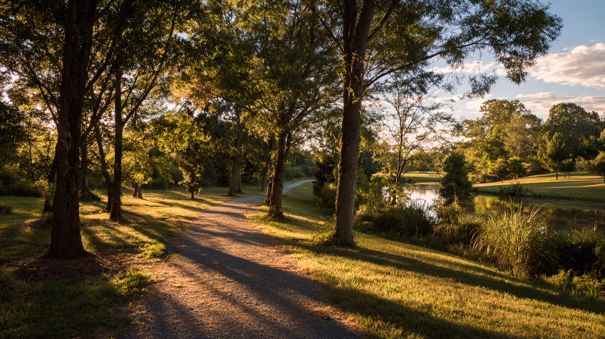 Sunlit gravel path winds through trees beside a tranquil lake in a park.