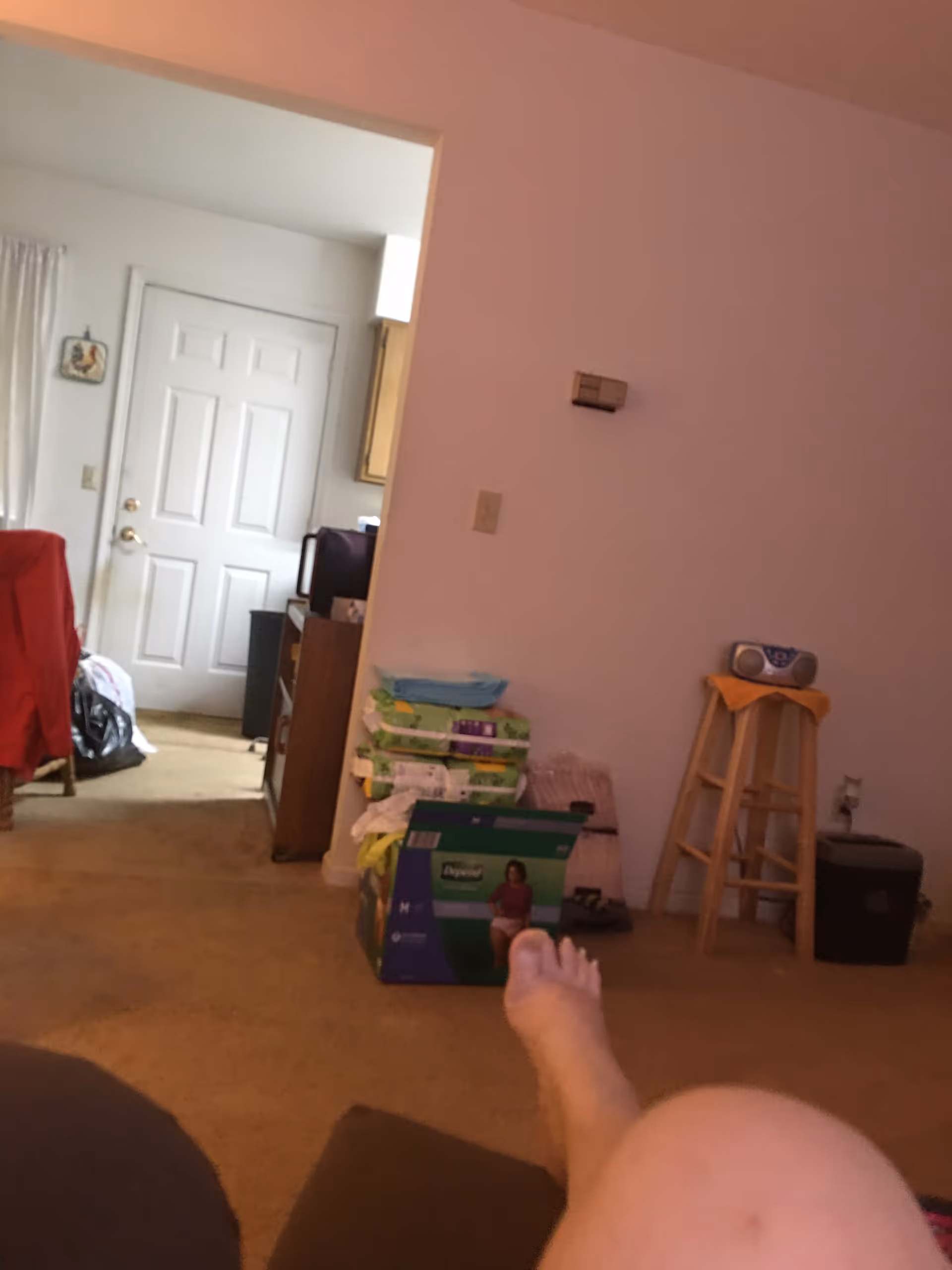 Interior living room with stacked boxes, a doorway, and a visible foot in foreground.