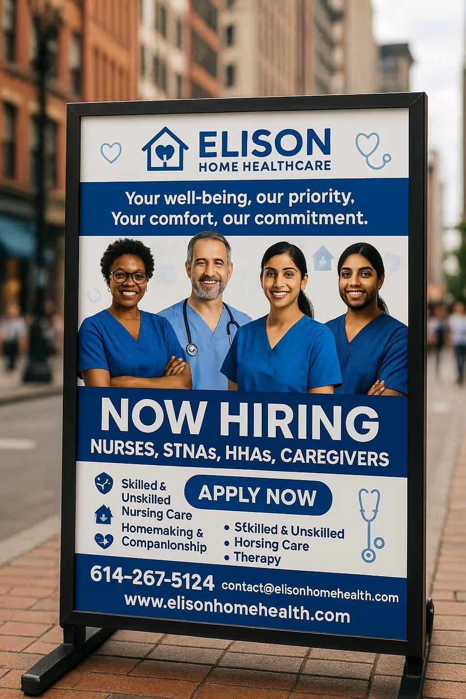 A sidewalk signboard for Elison Home Health Care featuring four medical staff in scrubs.