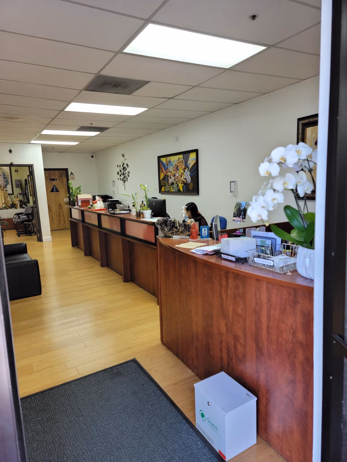 Reception area with a long wooden counter, plants, and framed art in a bright lobby.