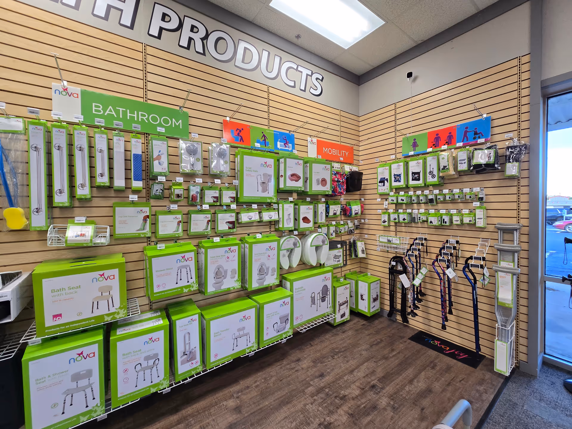 Interior showroom at Stanley's Home Health displaying bathroom aids and mobility devices.