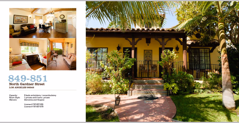 Collage shows interior living spaces and a yellow front porch building labeled Homestead Nursing and Rehabilitation