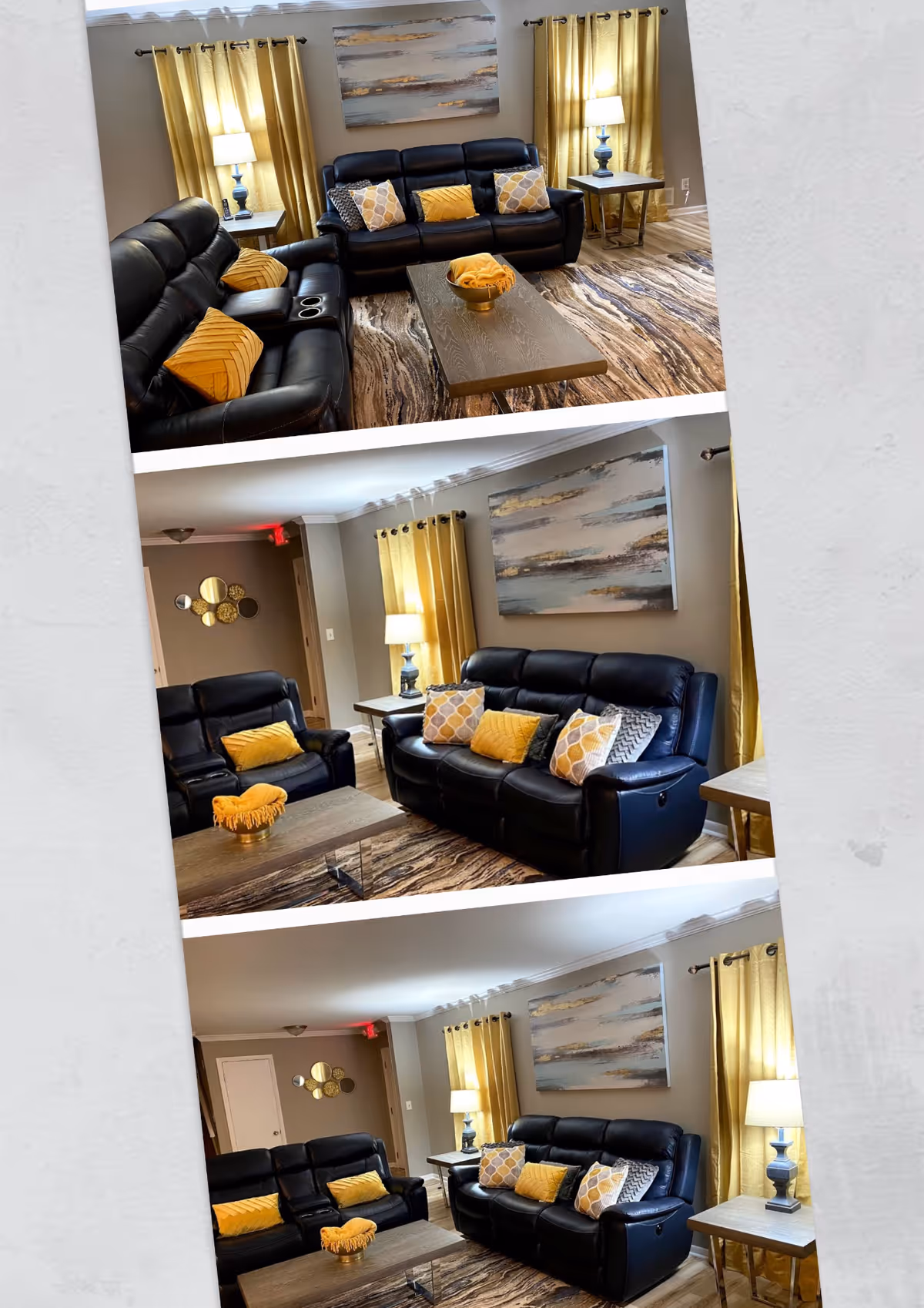 Cozy living room with black leather couches, yellow pillows, and warm lighting.