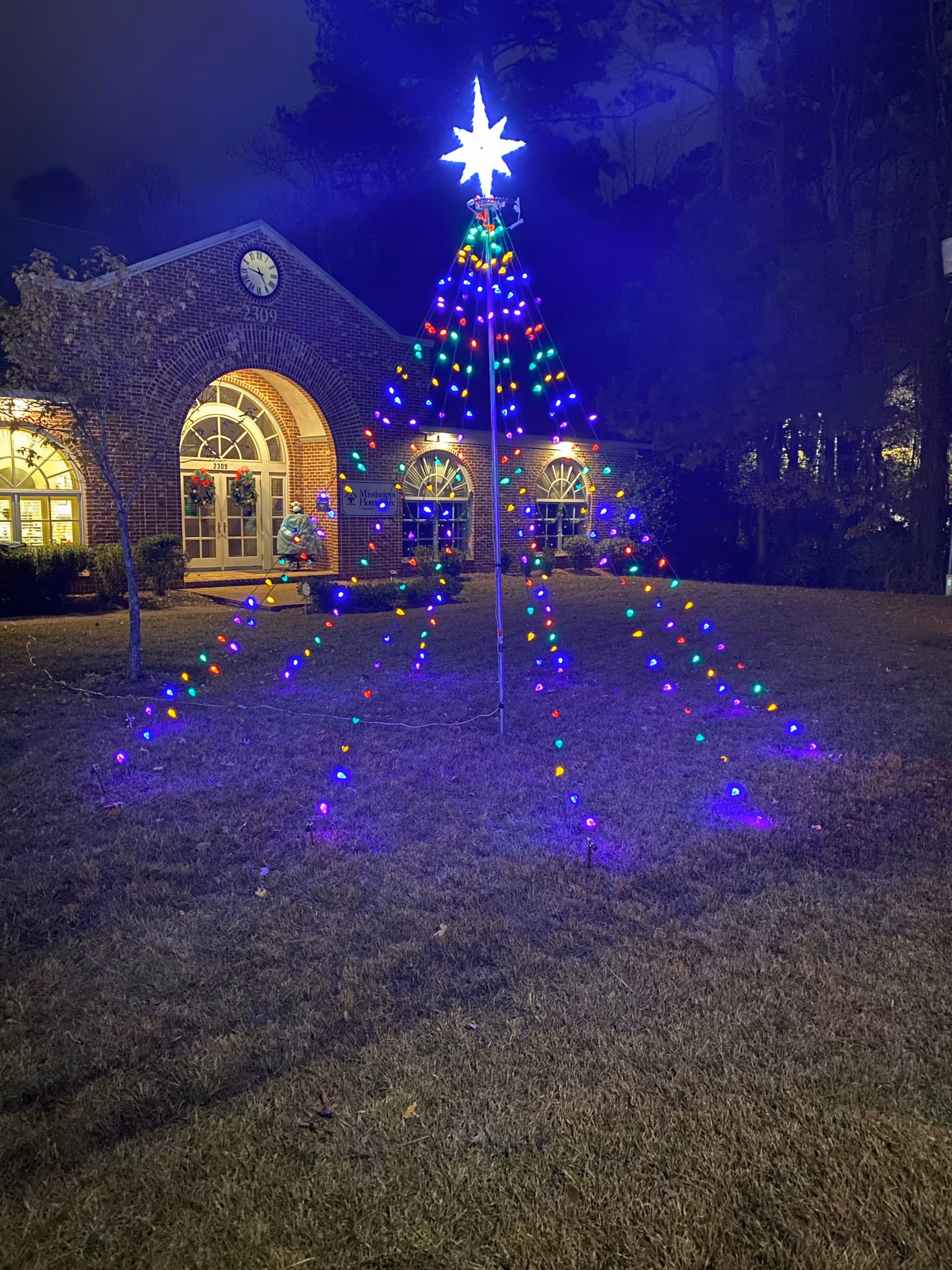 Brick facility entrance with a brightly lit outdoor Christmas tree in front.