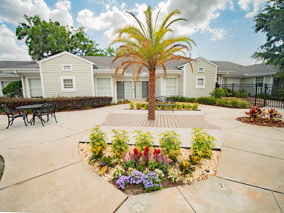 Exterior courtyard of AdventHealth Care Center Apopka North with benches, palm tree, and garden.