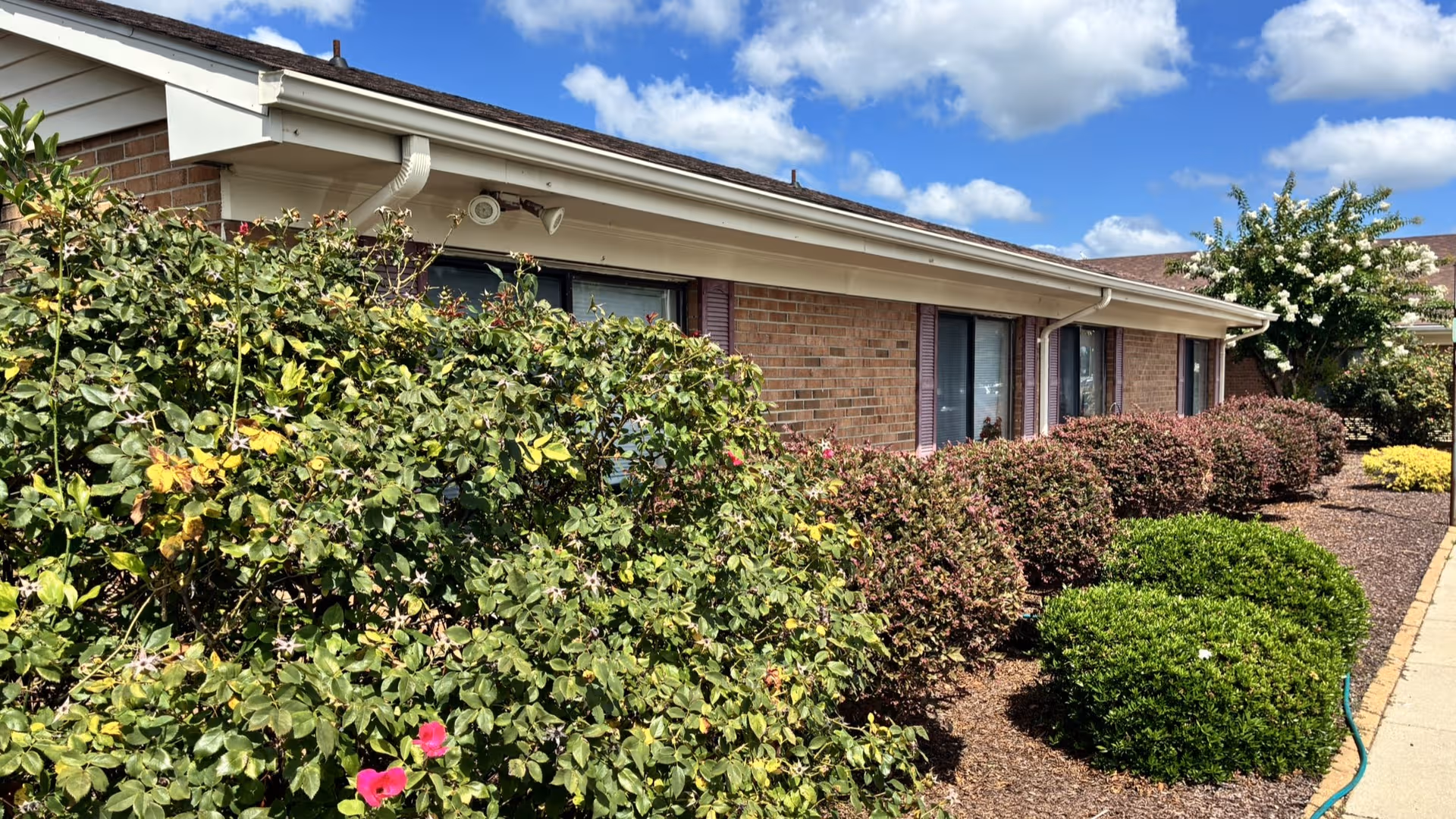 Exterior view of a brick senior care facility with trimmed hedges and a sidewalk.