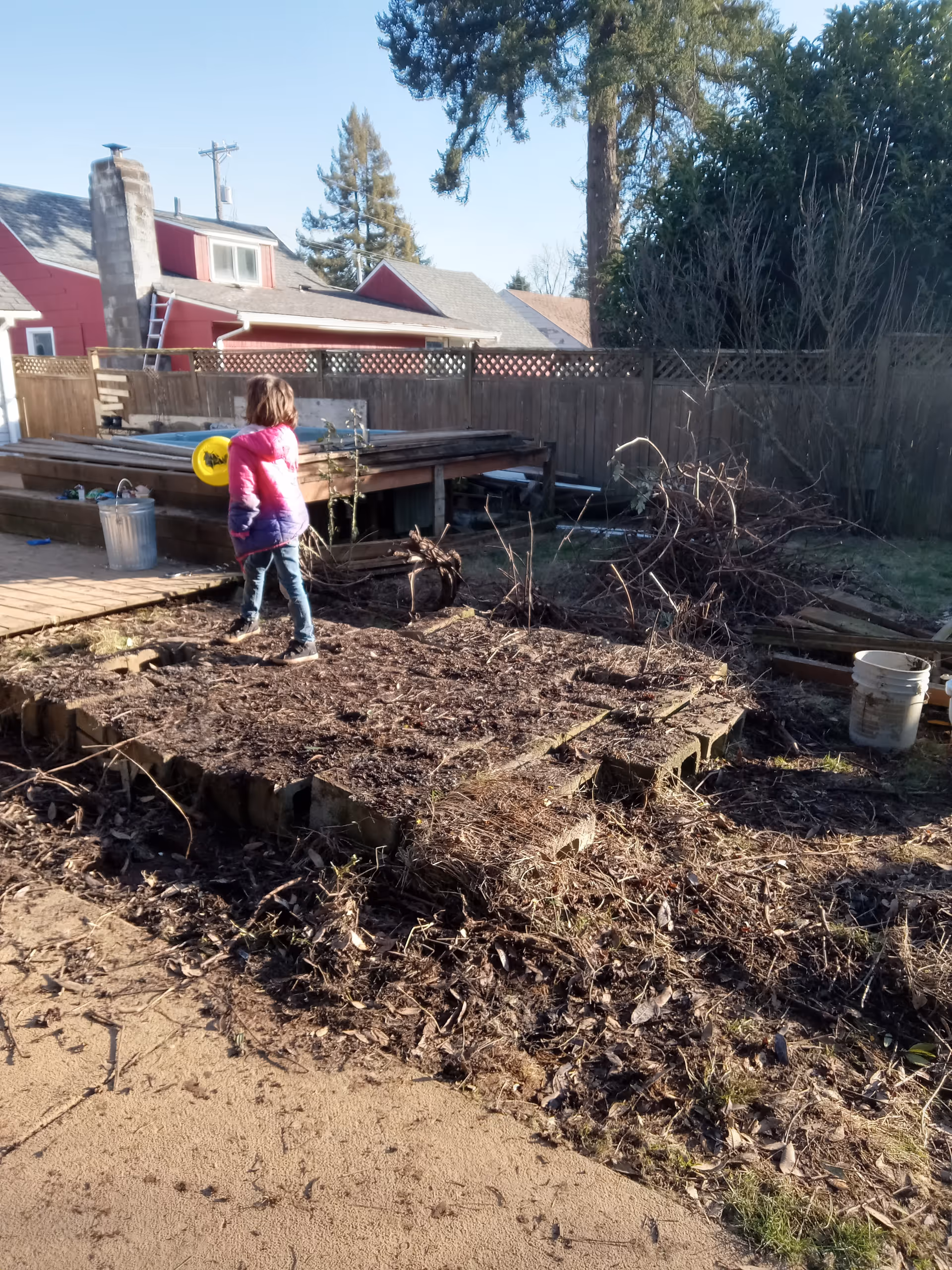 Person in pink jacket stands in a fenced backyard with a raised garden bed and debris.