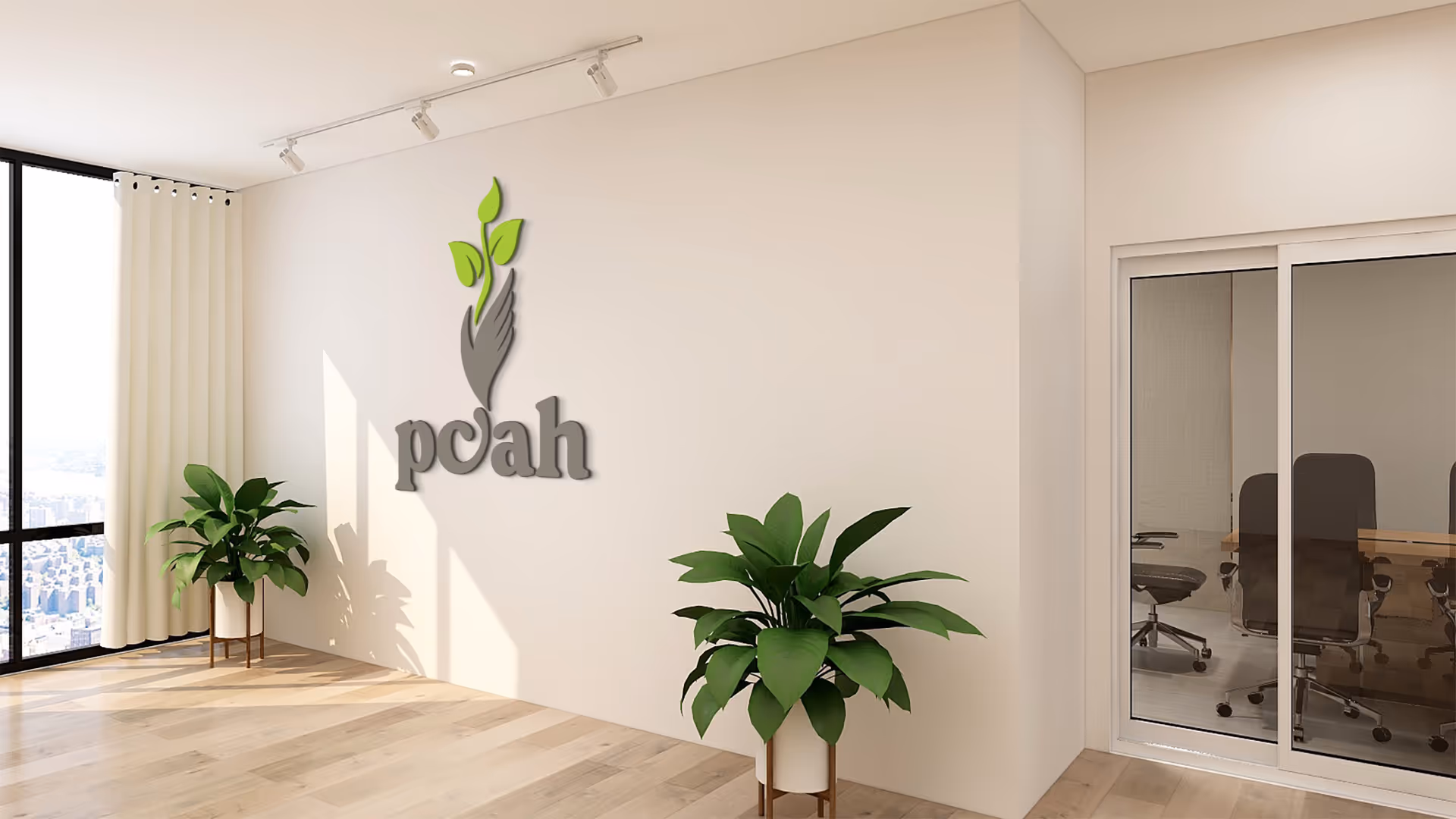 Modern interior lobby with wall logo, potted plants, and glass-walled conference room.