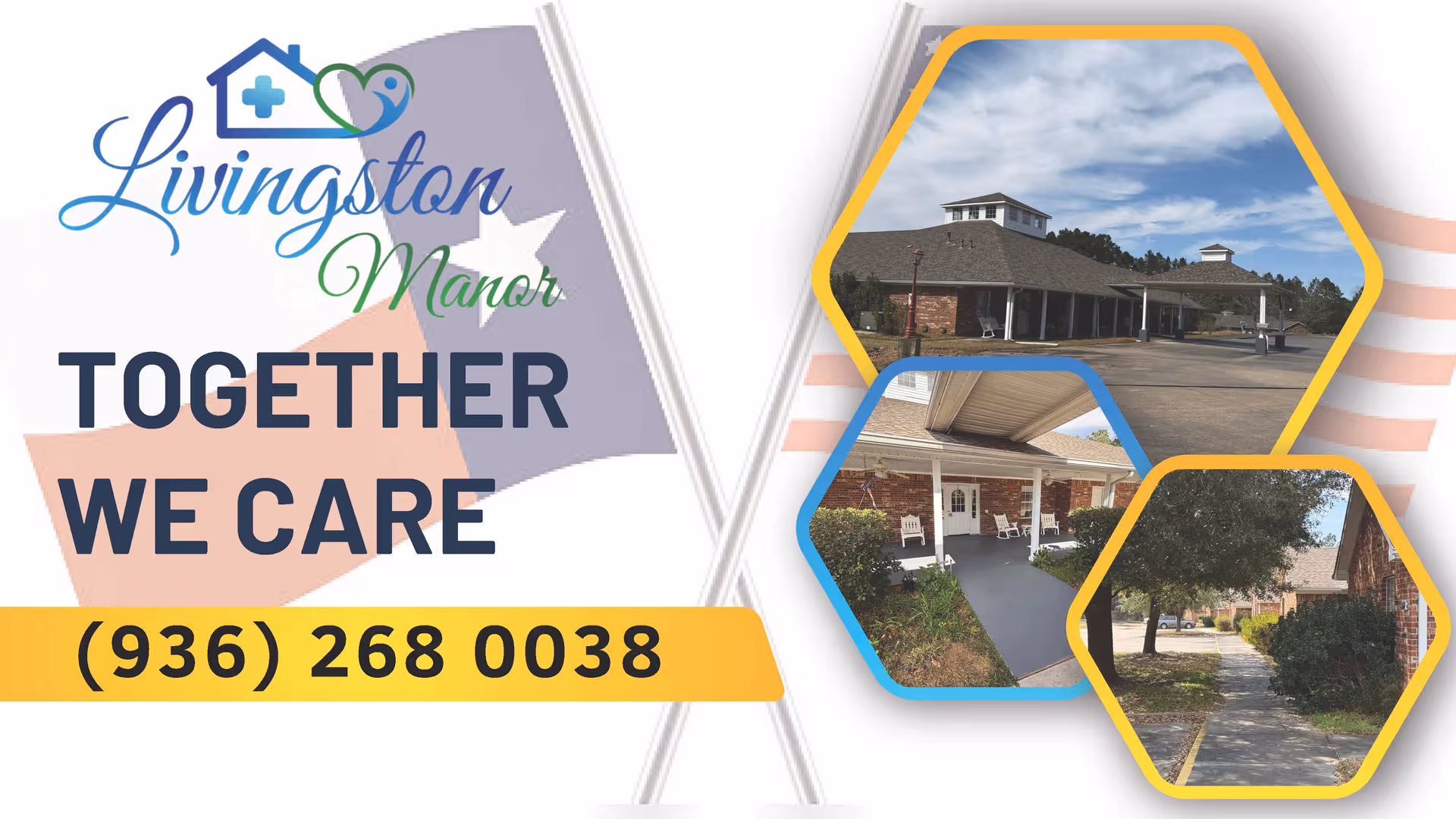 Livingston Manor promotional collage showing the facility exterior, outdoor seating, and walkways.