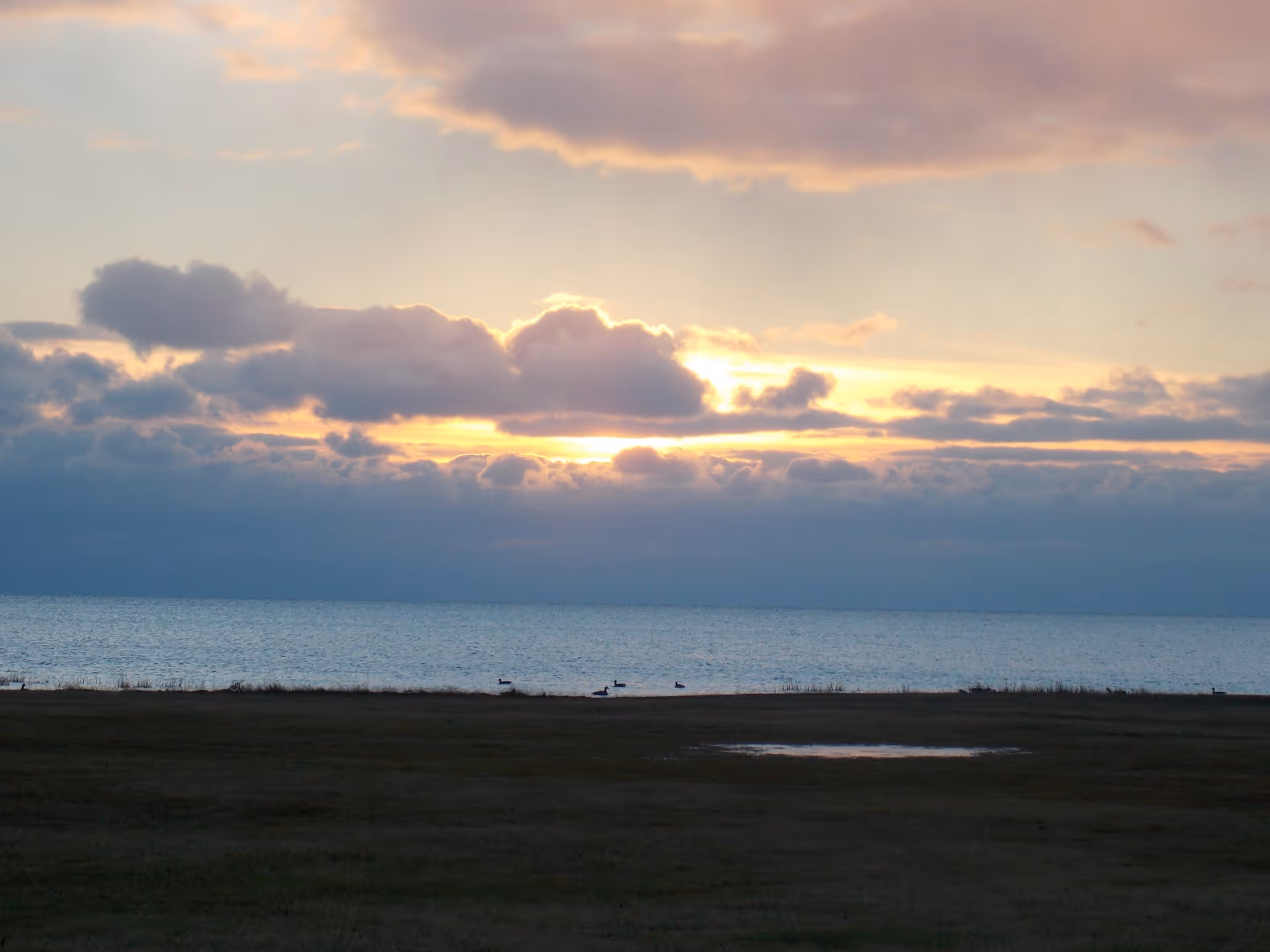 Sunset over calm sea with scattered clouds above a dark shoreline.