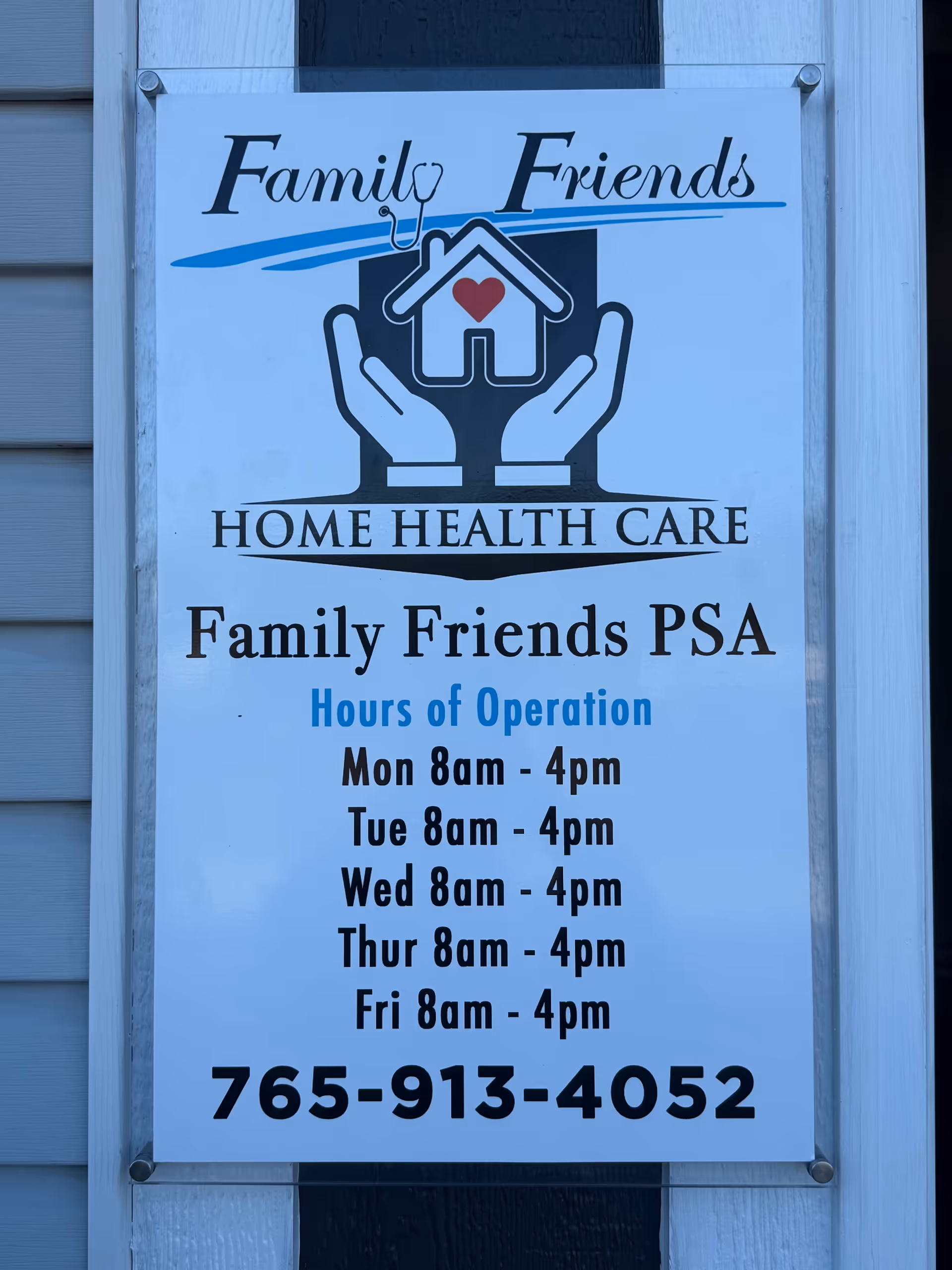 Exterior building sign for Family Friends Home Health Care showing hours and phone number