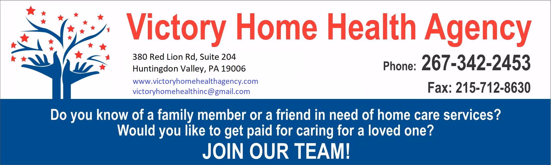Front view of Victory Home Health Agency sign with logo, address, and contact info.