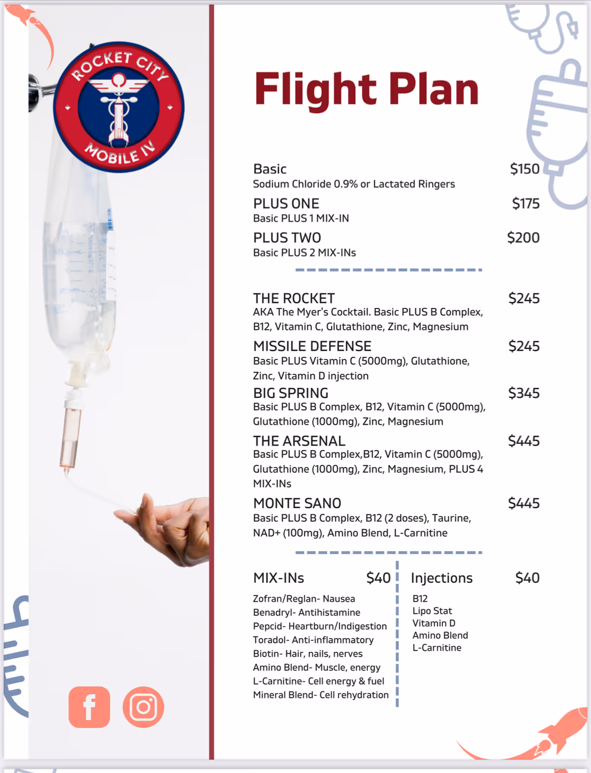 An IV bag with tubing beside a Rocket City Mobile IV Flight Plan poster.
