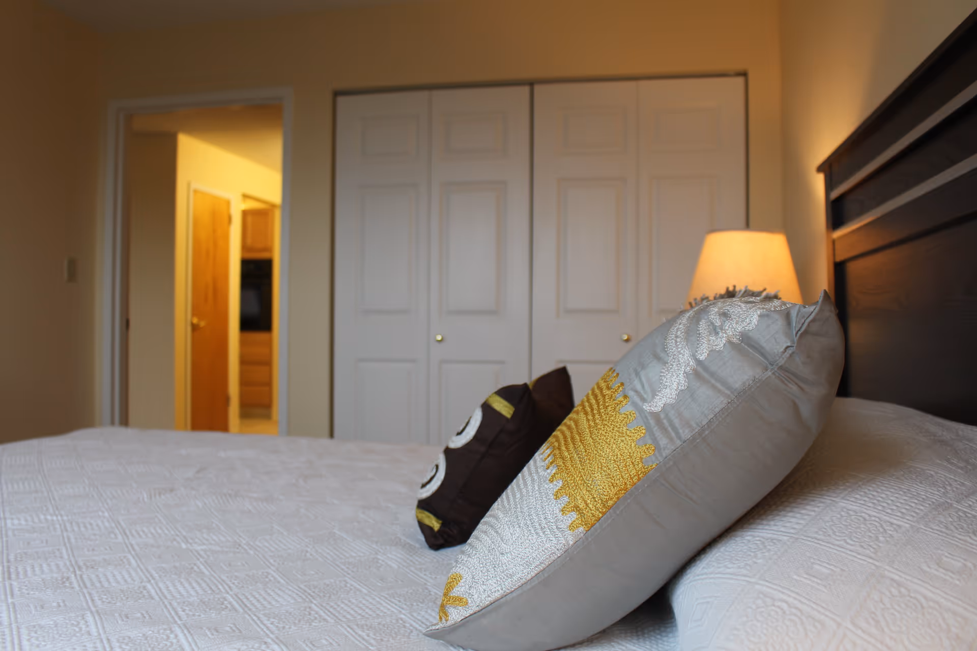 Decorative pillows on a bed in a bedroom with a bedside lamp and closed closet doors.