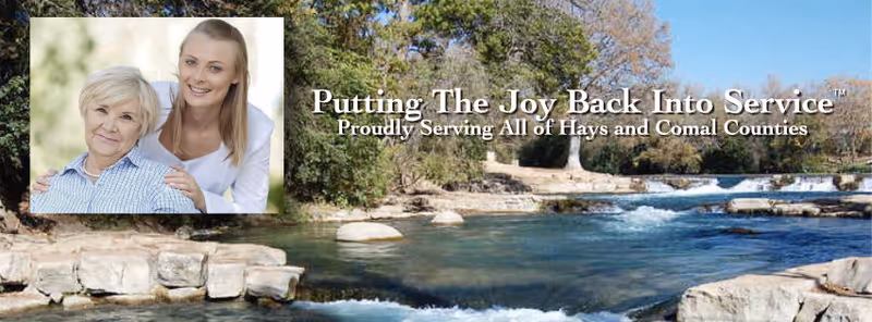 Outdoor river scene with rocks and trees and a small inset photo of two people.