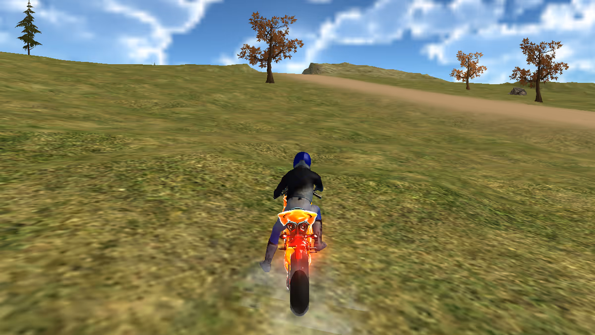 A person rides a red motorcycle across a grassy, hilly outdoor landscape under a blue sky.