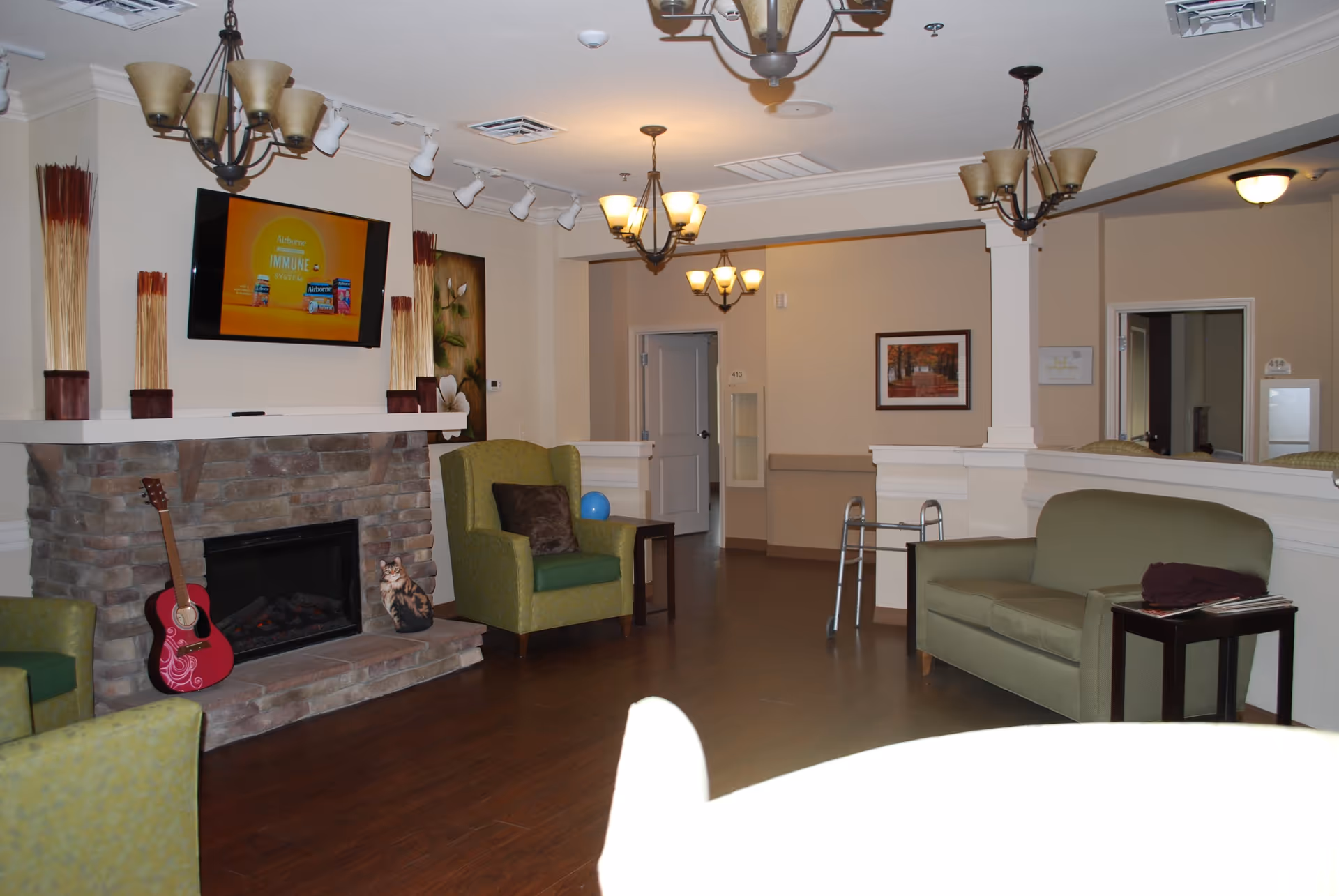 A cozy living room area in Franklin House featuring a stone fireplace with a mounted TV above it, a red acoustic guitar leaning against the fireplace, and a cat figurine on the hearth. The room has green upholstered armchairs and a sofa, wooden flooring, and warm lighting from ceiling chandeliers. A walker is positioned near the sofa, and there are framed pictures on the walls.