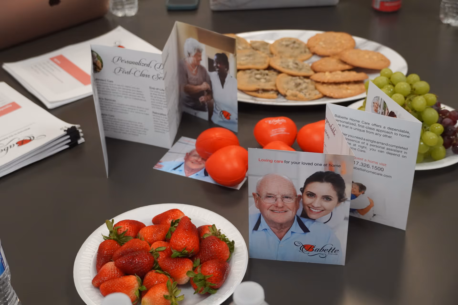 Table with brochures, strawberries, cookies, grapes, and promotional materials for Babette Home Care.