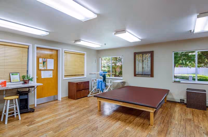 Bright rehabilitation room with a large padded therapy table, patient lift, desk, and windows overlooking greenery.