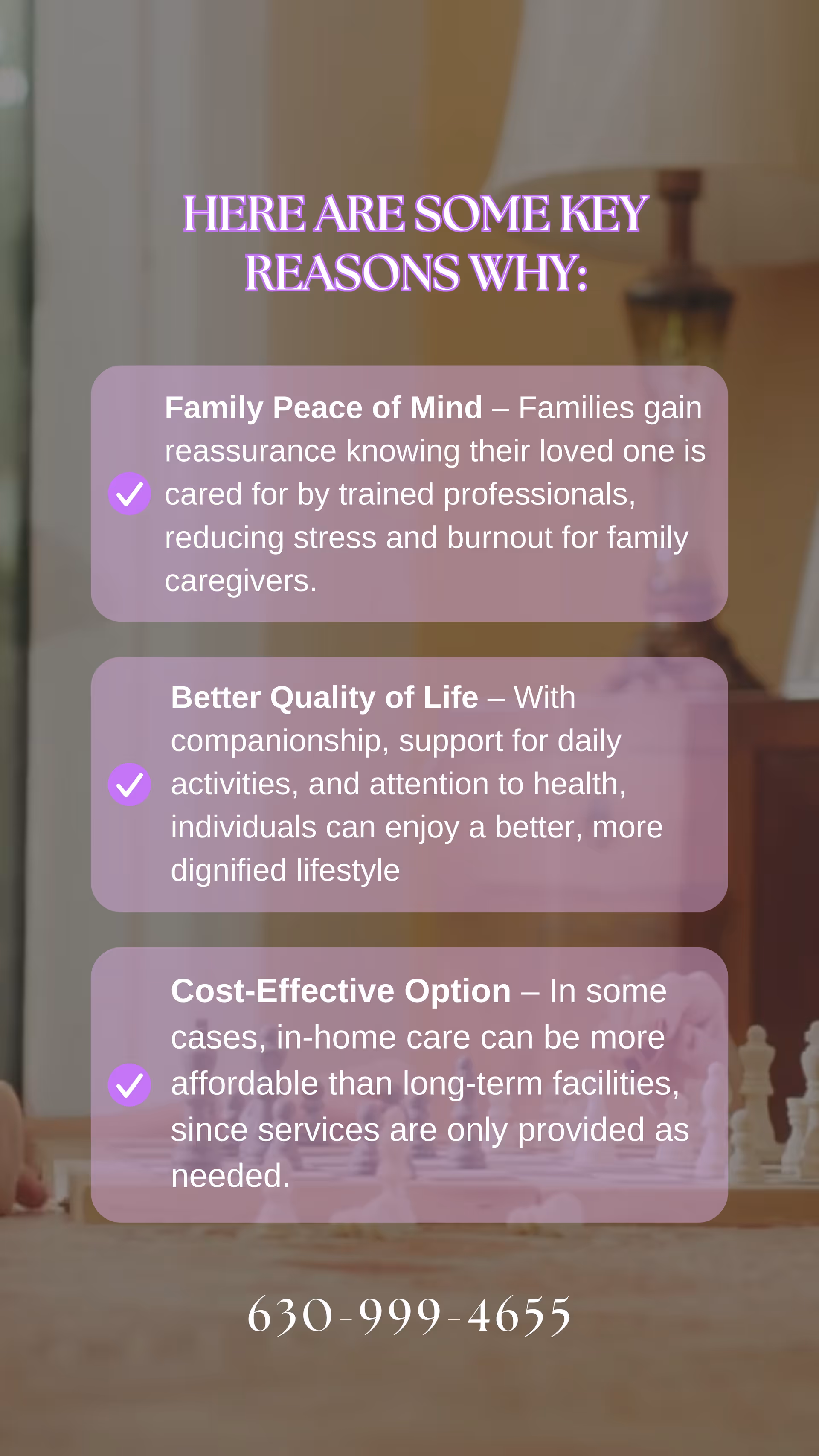 Indoor living room with purple rounded text boxes and a phone number overlay.