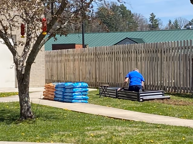 Person in blue shirt outdoors near a wooden fence with stacked bags.