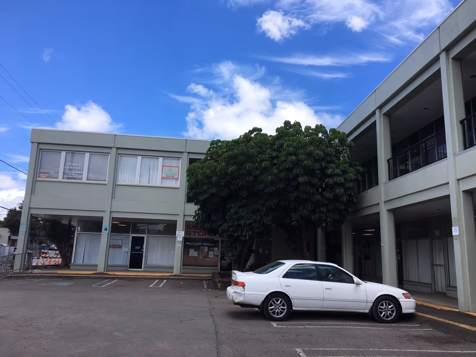 Two-story light-green building with a tree in front and a white car in the parking lot.
