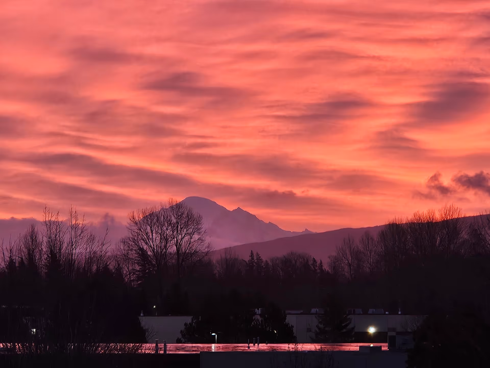 Sunset sky over distant mountains with bare trees and lit streetlights