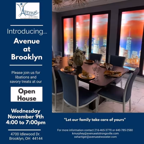 Dining room scene with a six-seat table setting and a city skyline mural.